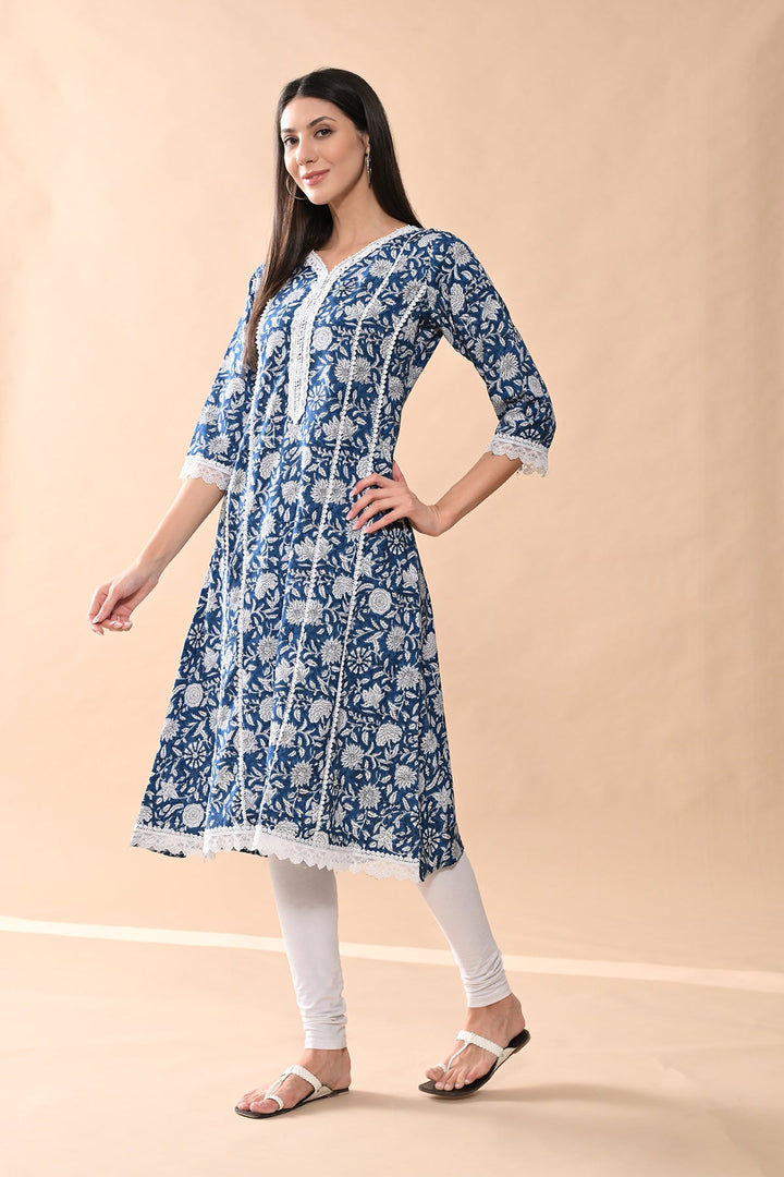Blue Printed A-line Kurta
