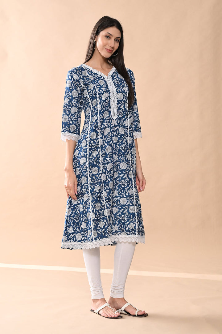 Blue Printed A-line Kurta