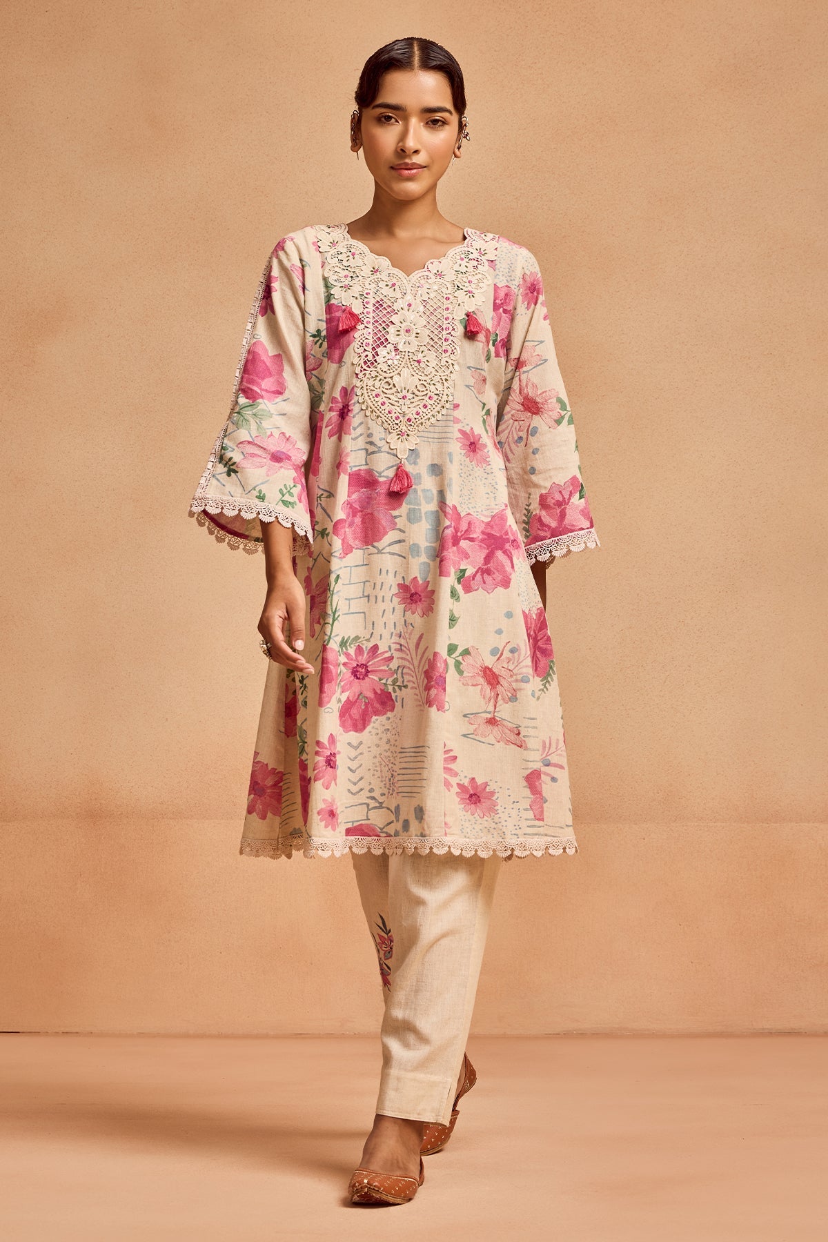 Cream Printed Kurta Set