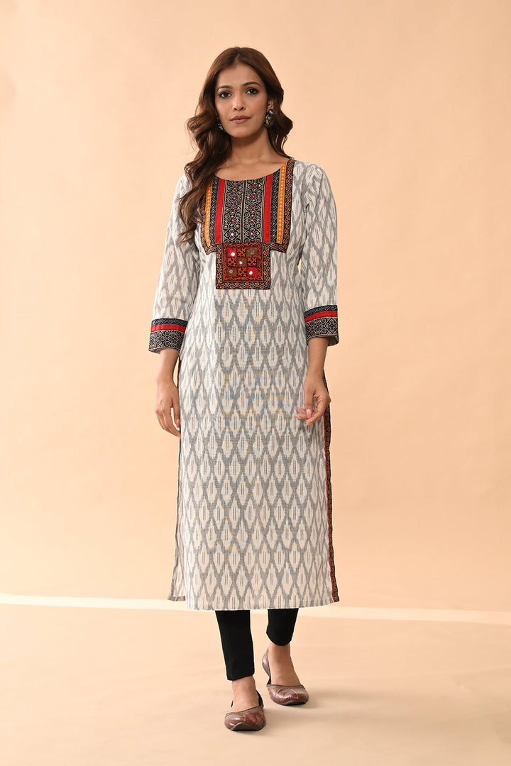 Off White Printed Straight Kurta