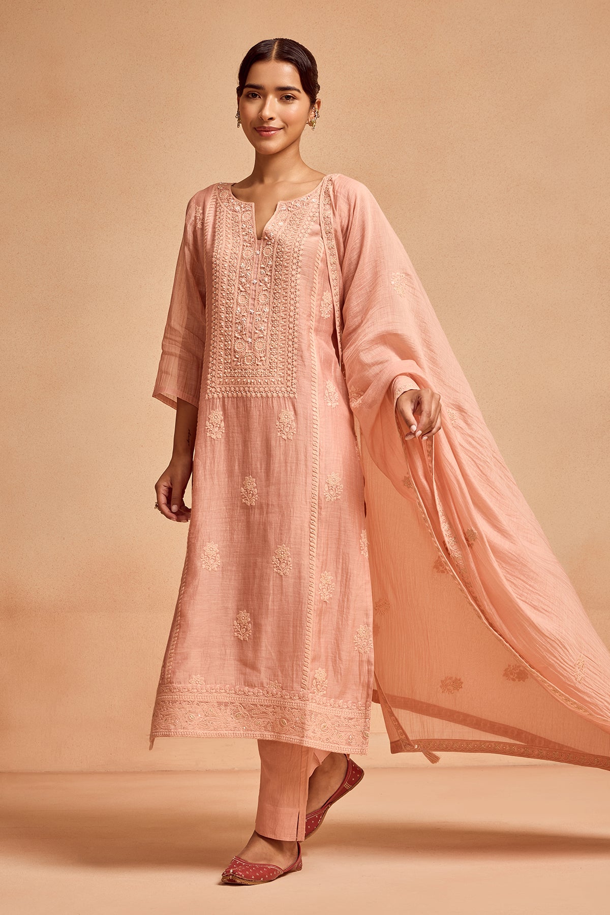 Peach Straight Kurta 3 Pcs Set