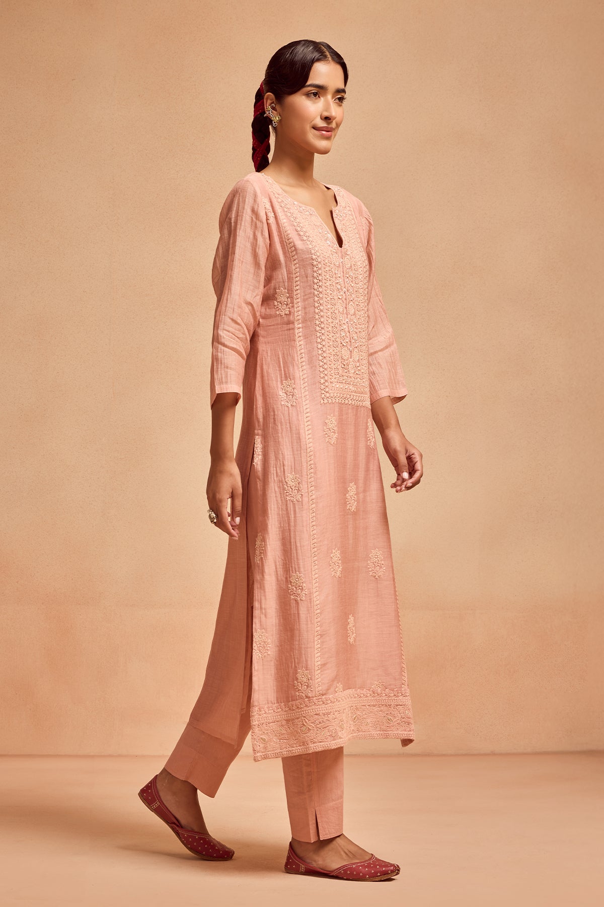 Peach Straight Kurta 3 Pcs Set
