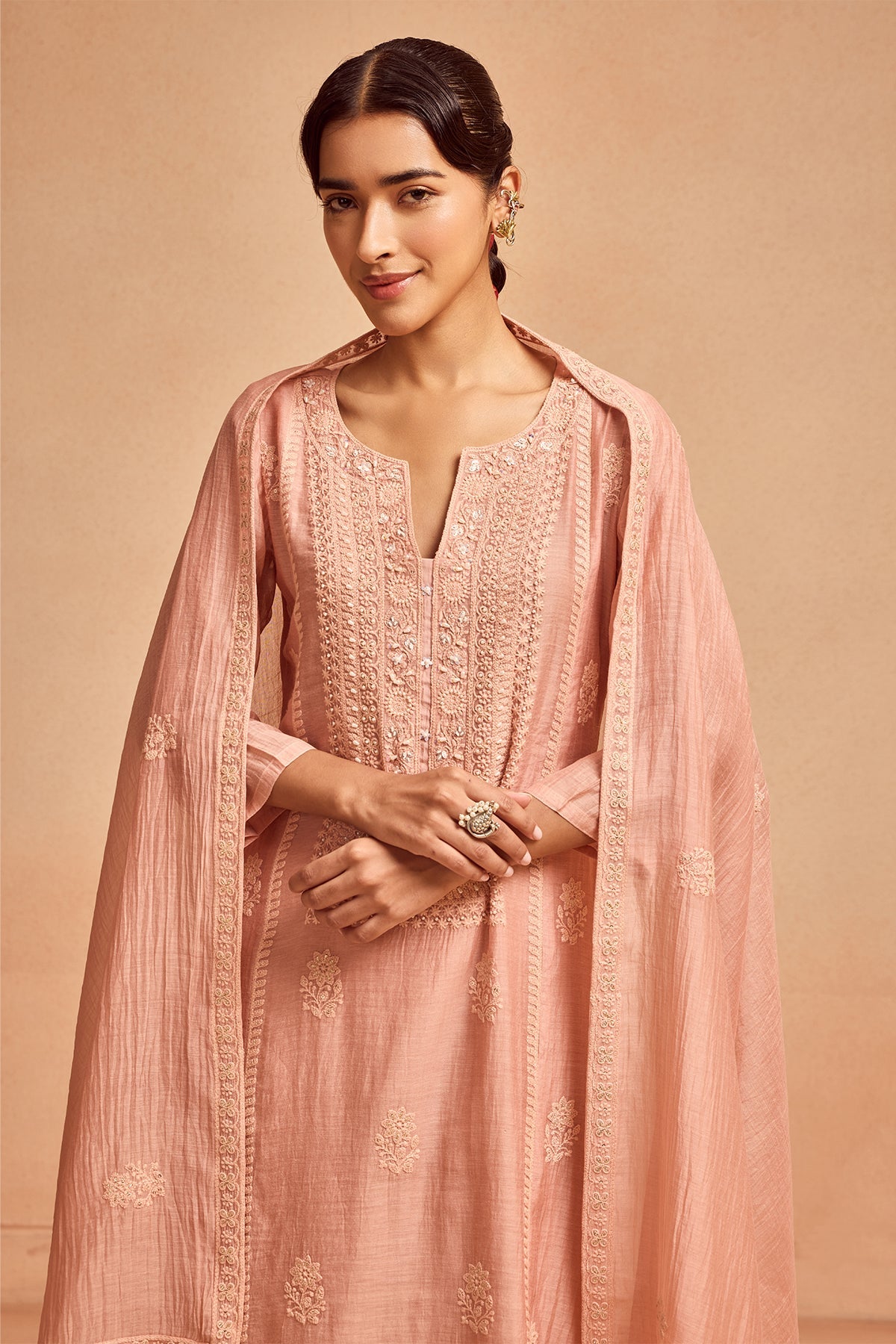 Peach Straight Kurta 3 Pcs Set