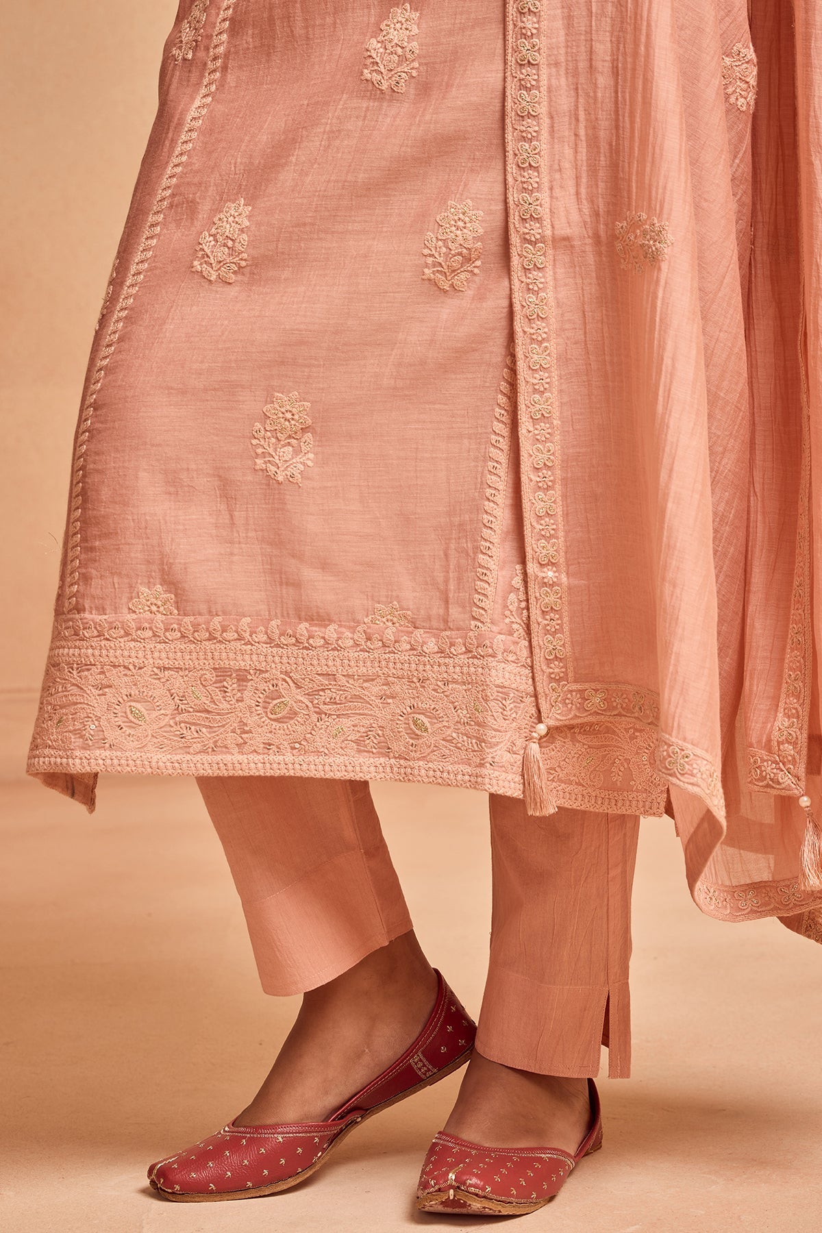 Peach Straight Kurta 3 Pcs Set
