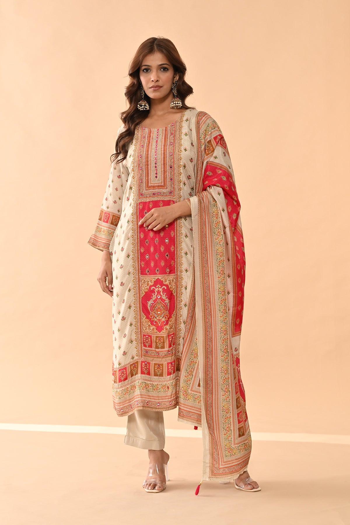 Beige Embellished Kurta Set (3 Piece)