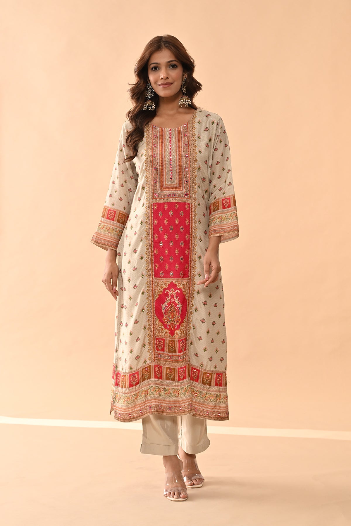 Beige Embellished Kurta Set (3 Piece)