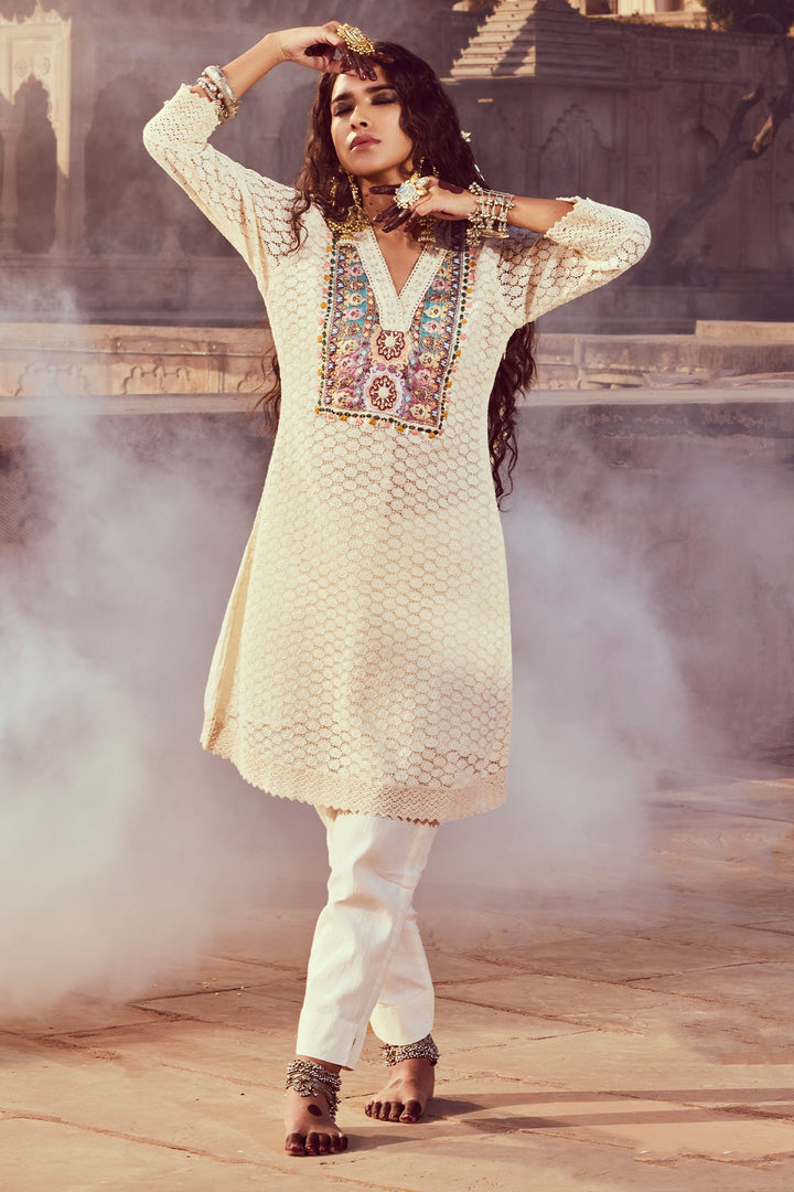 Cream Embroidered Kurta Set