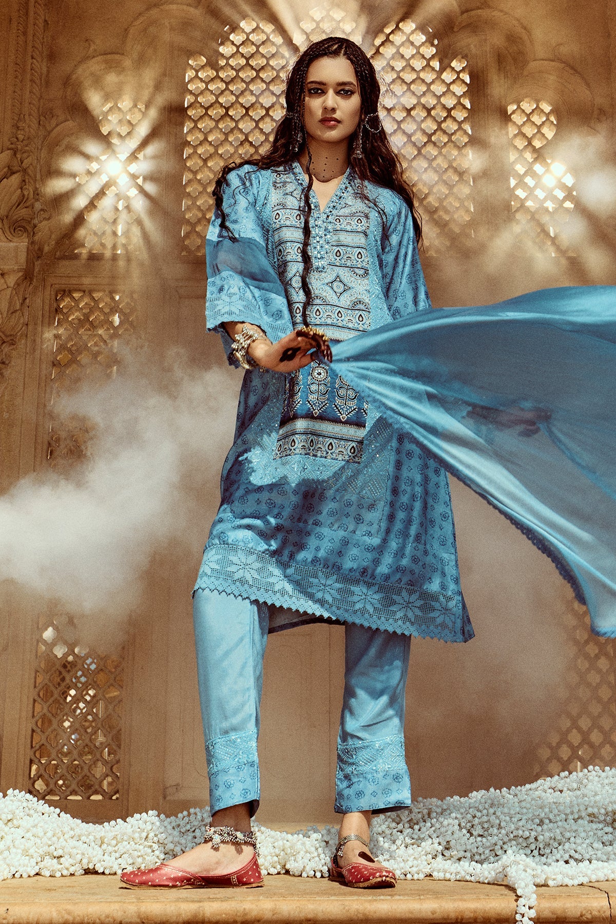 Blue Embellished Kurta 3 Pcs Set