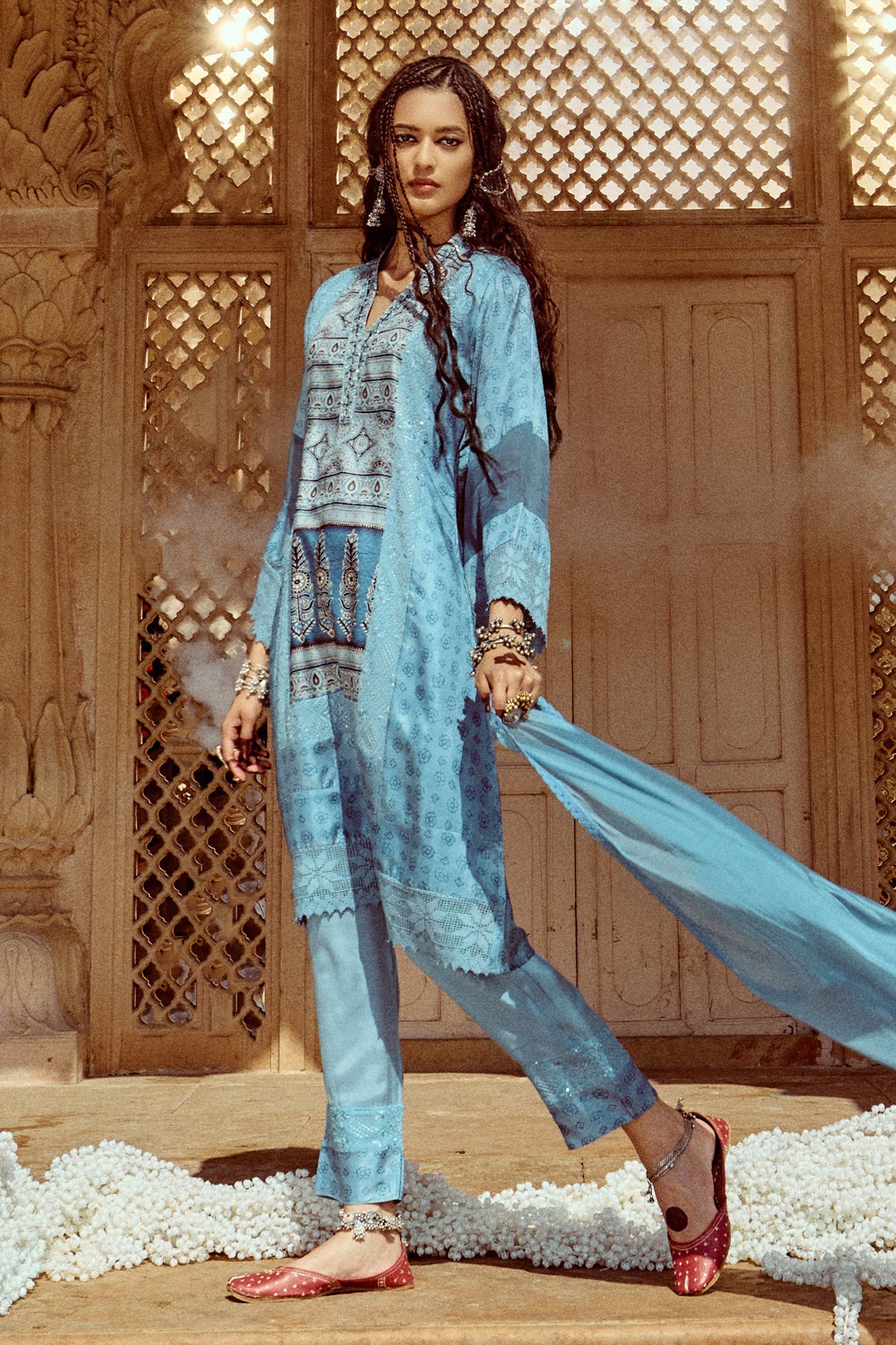 Blue Embellished Kurta 3 Pcs Set