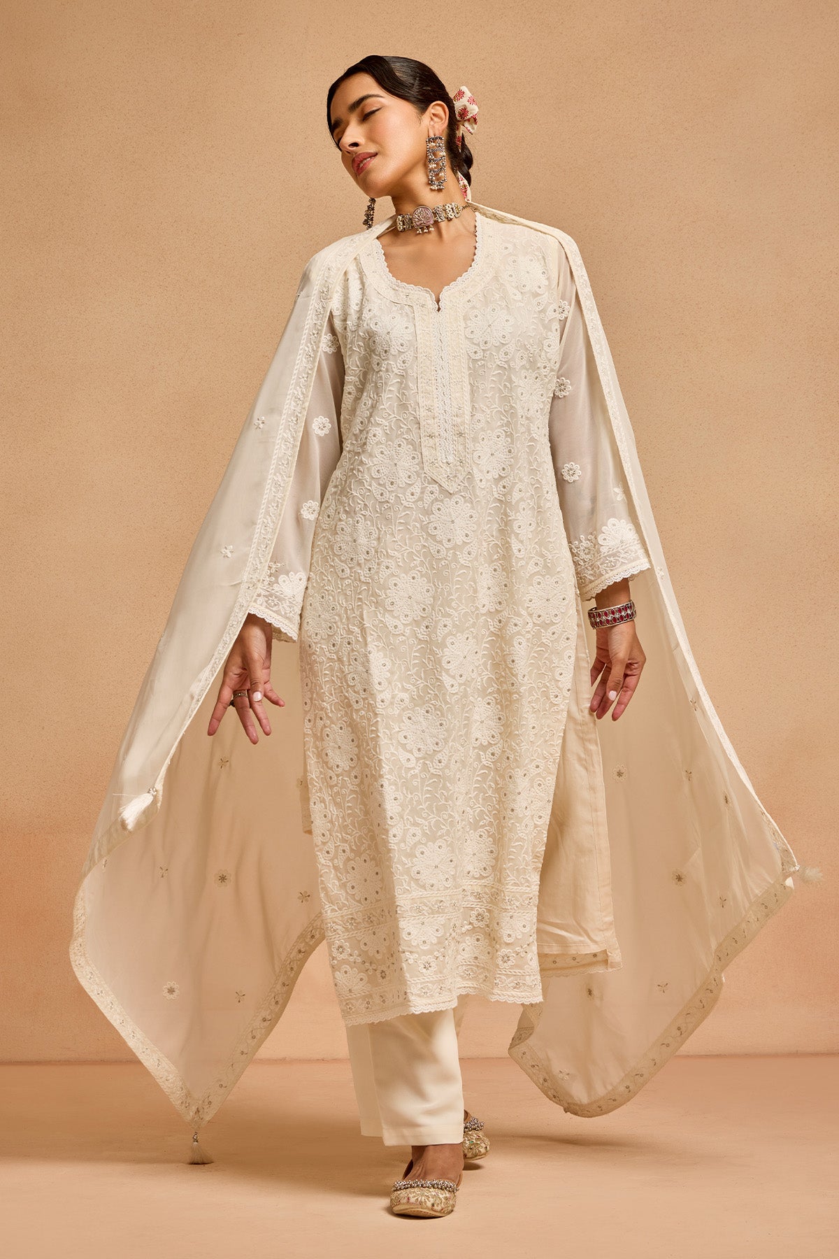 Cream Embroidered Kurta Set