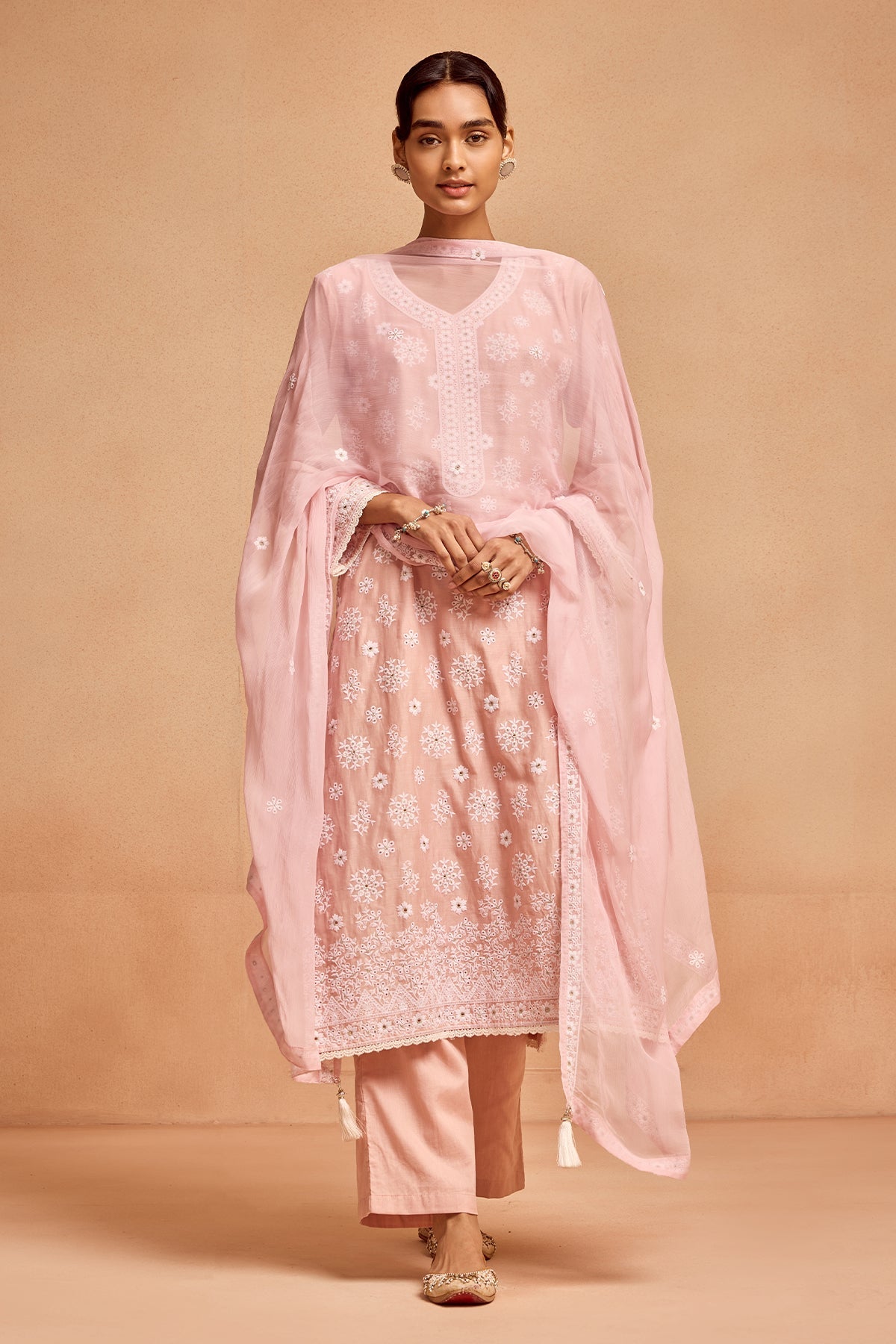 Peach Embroidered Kurta Set (3 Piece)