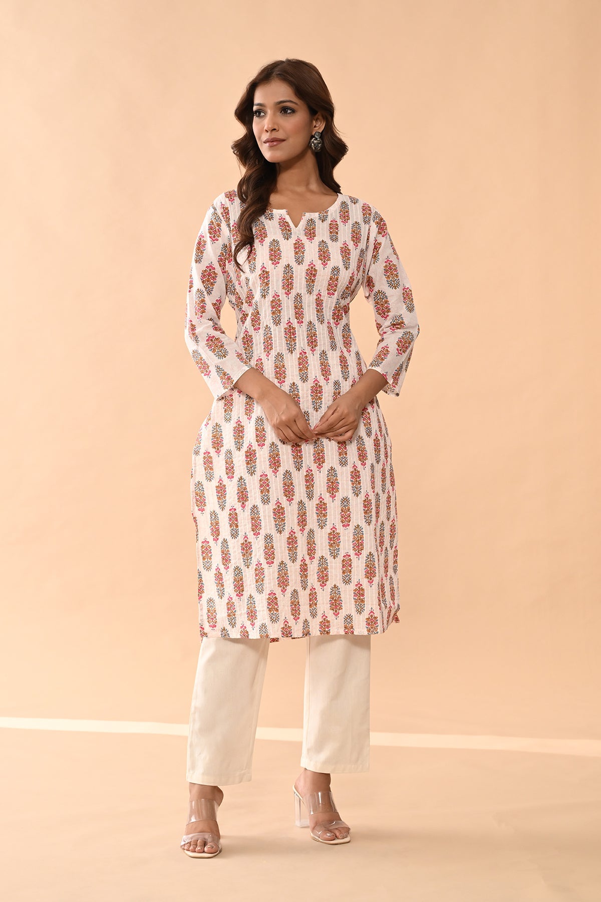 Cream Printed Straight Kurta