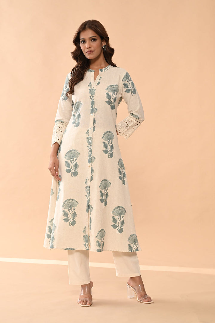 Cream Floral Printed Kurta