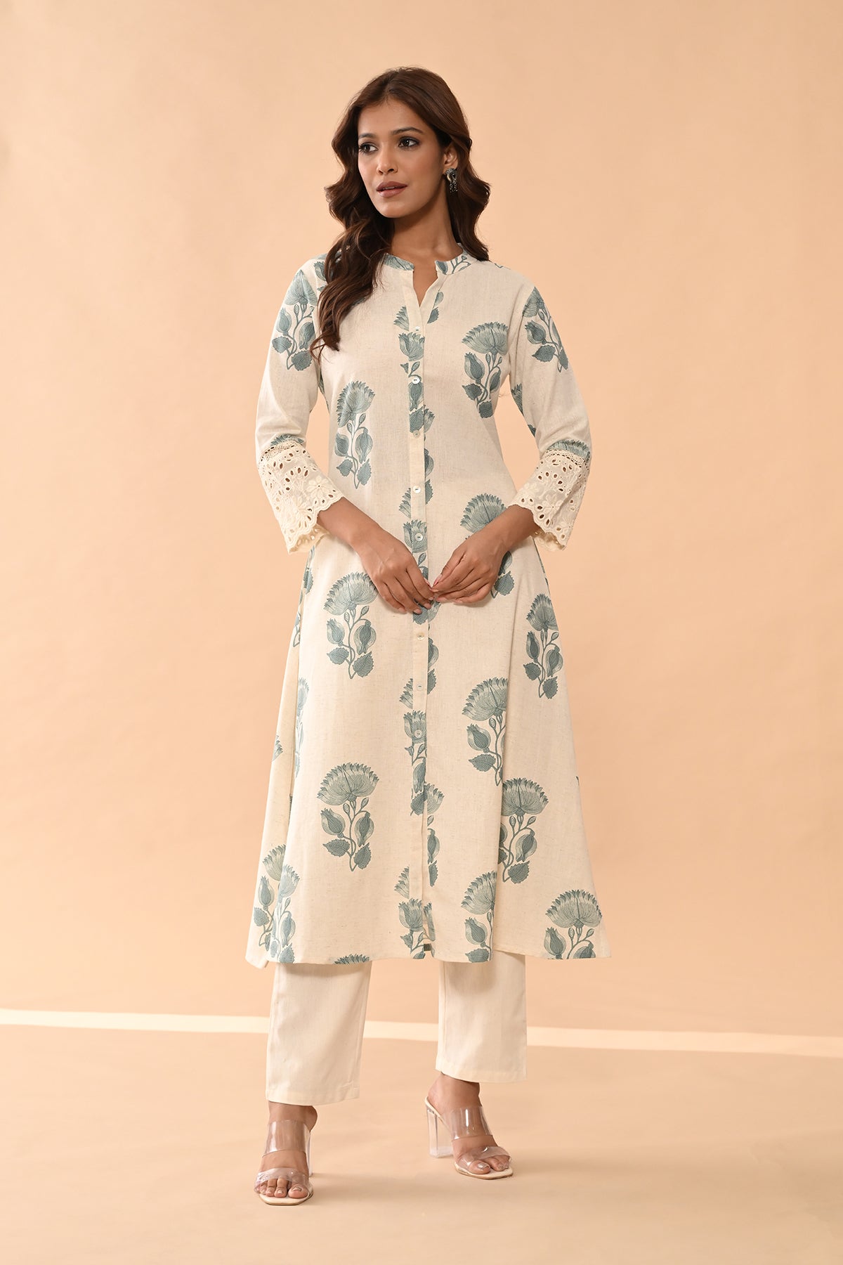 Cream Floral Printed Kurta