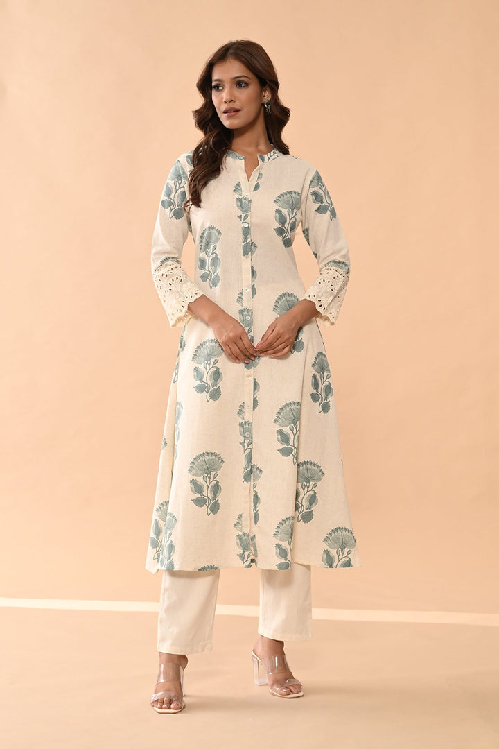 Cream Floral Printed Kurta