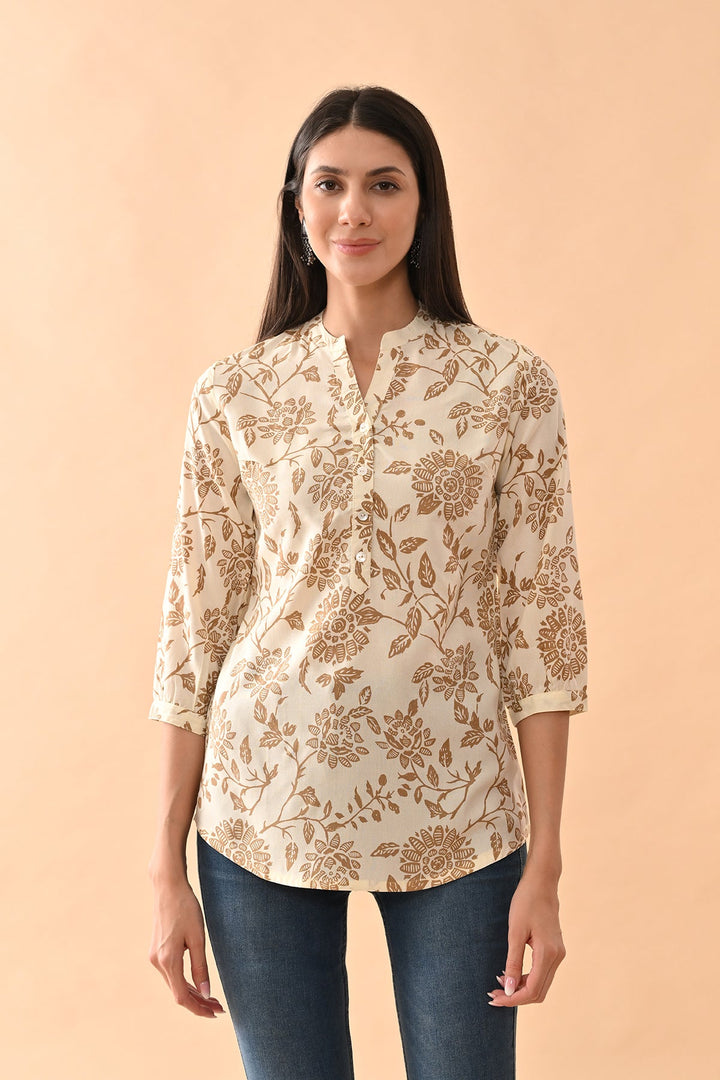 Cream Printed Straight Top