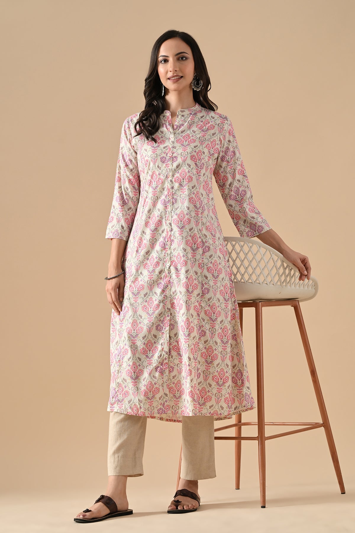 Cream Floral Printed Kurta