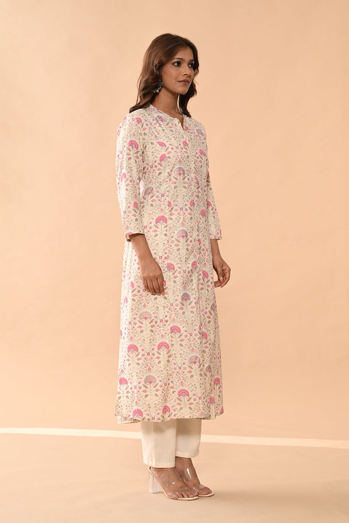 Cream Floral Printed Kurta