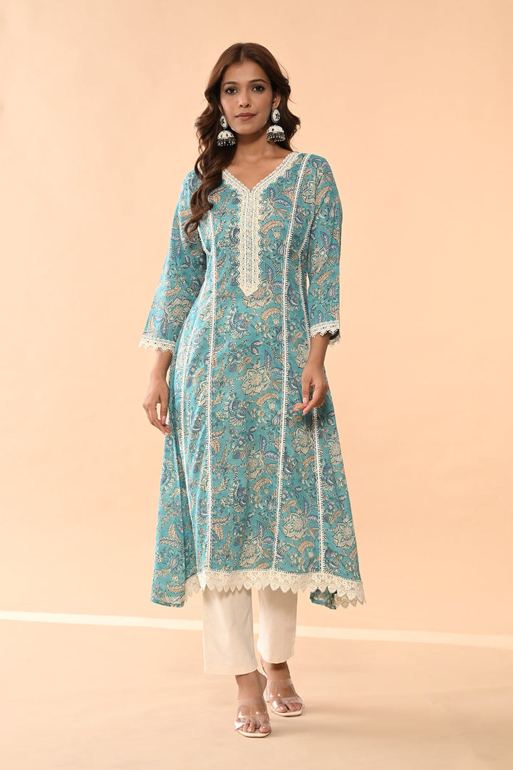 Blue Printed A-line Kurta