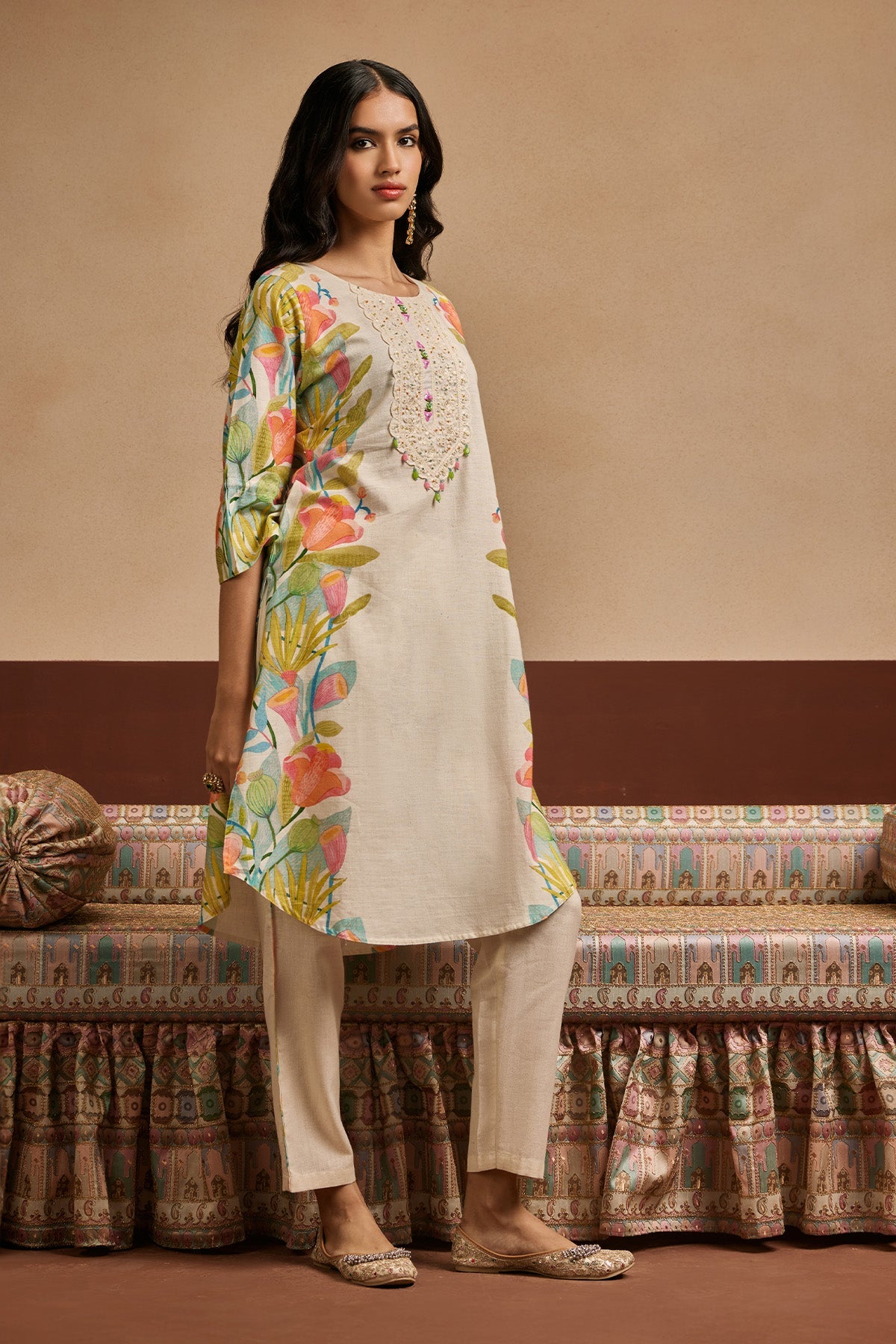 Cream Printed Kurta Set