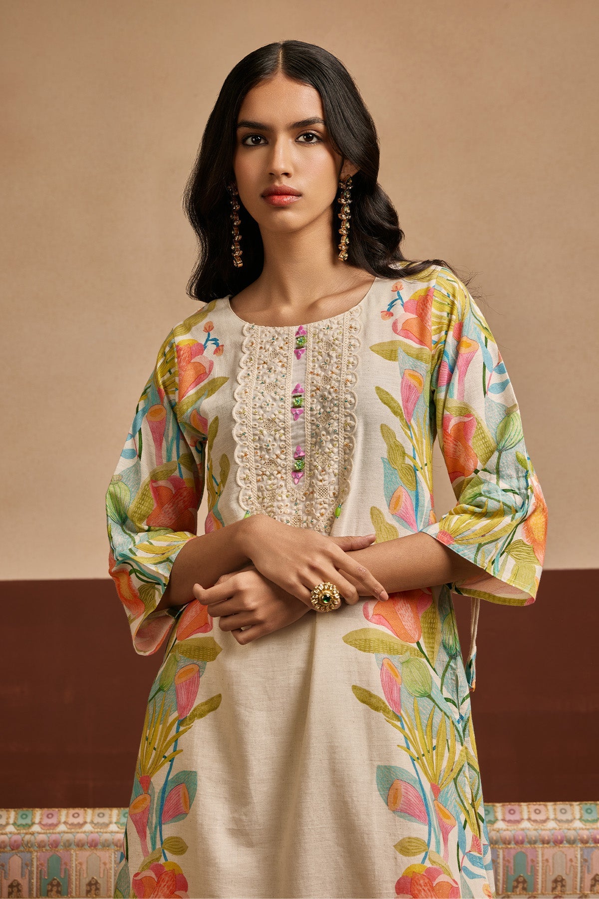 Cream Printed Kurta Set