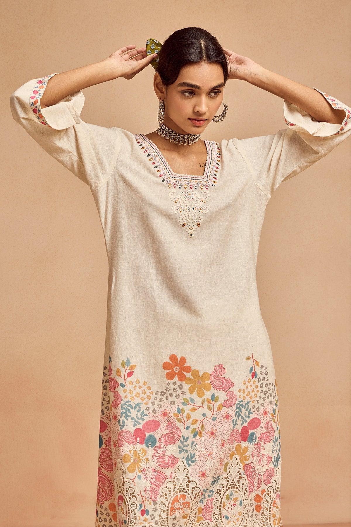 Cream Printed Kurta Set