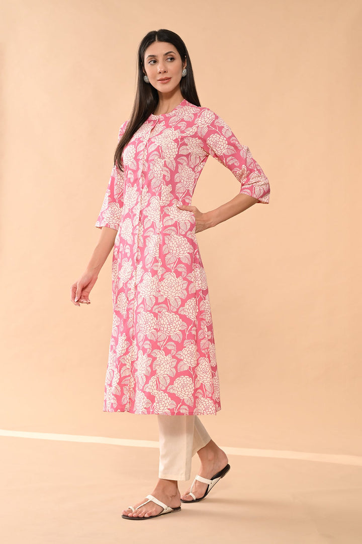 Pink Printed A-line Kurta