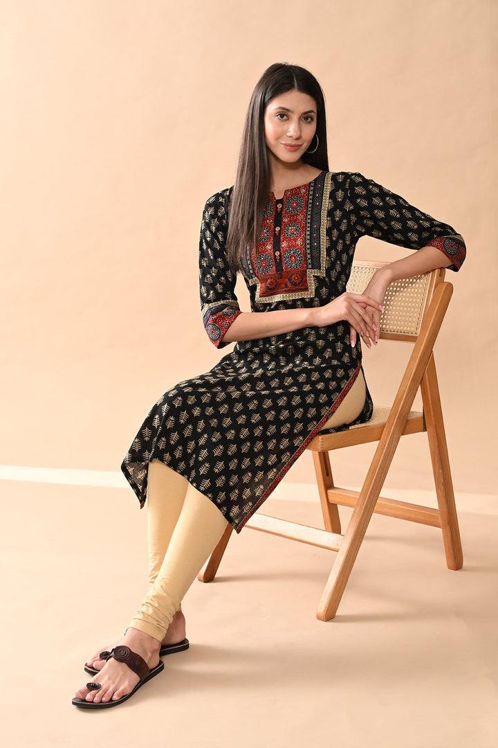 Black Printed Straight Kurta