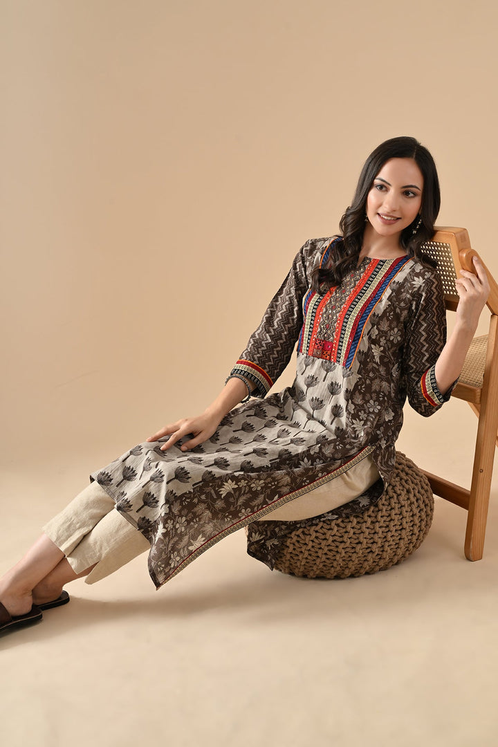 Grey Printed Straight Kurta