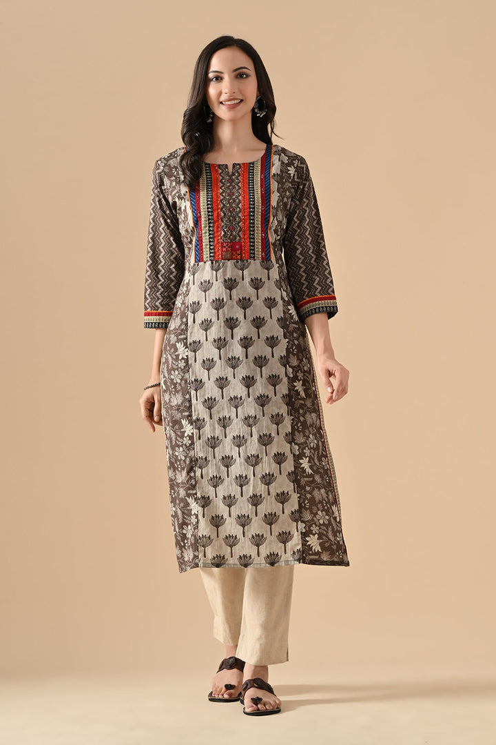 Grey Printed Straight Kurta