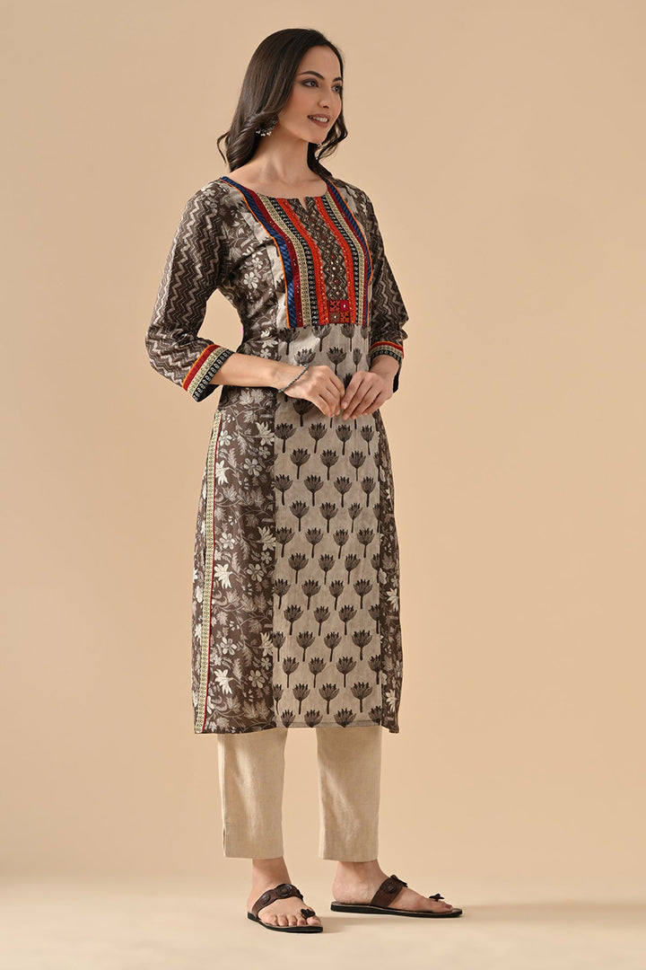 Grey Printed Straight Kurta