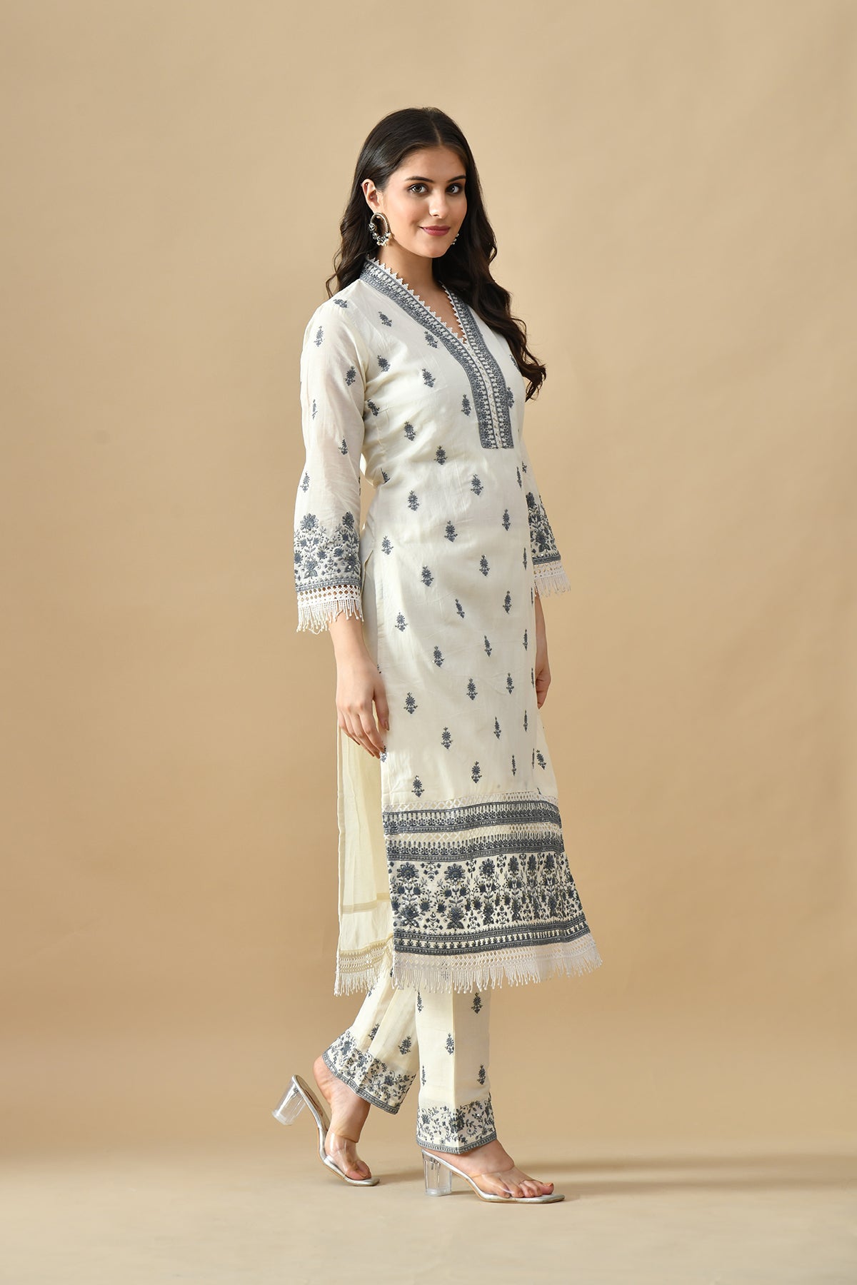 Cream Embroidered Kurta Set