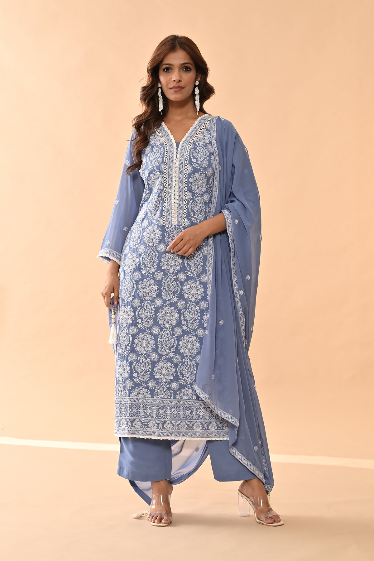 Blue Embroidered Kurta Set (3 Piece)