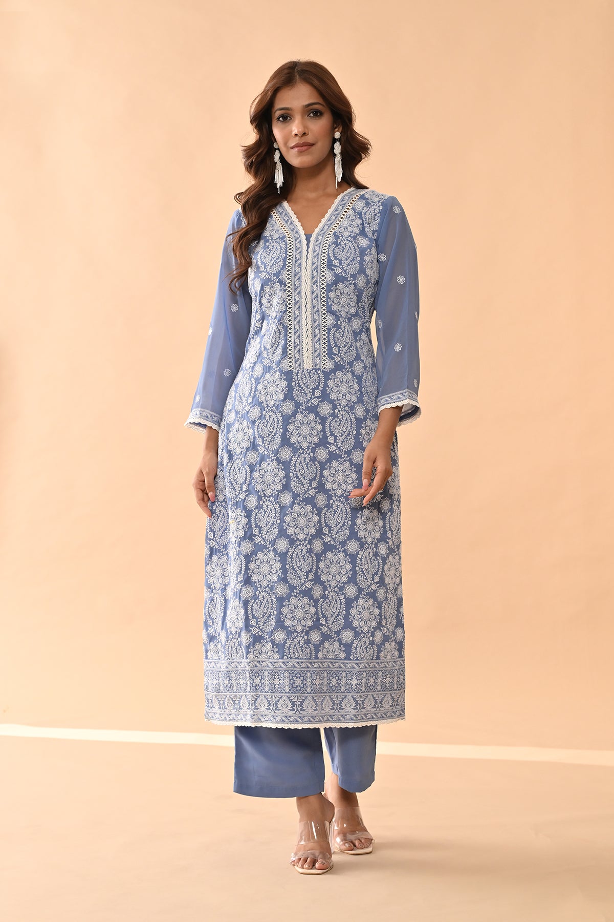 Blue Embroidered Kurta Set (3 Piece)