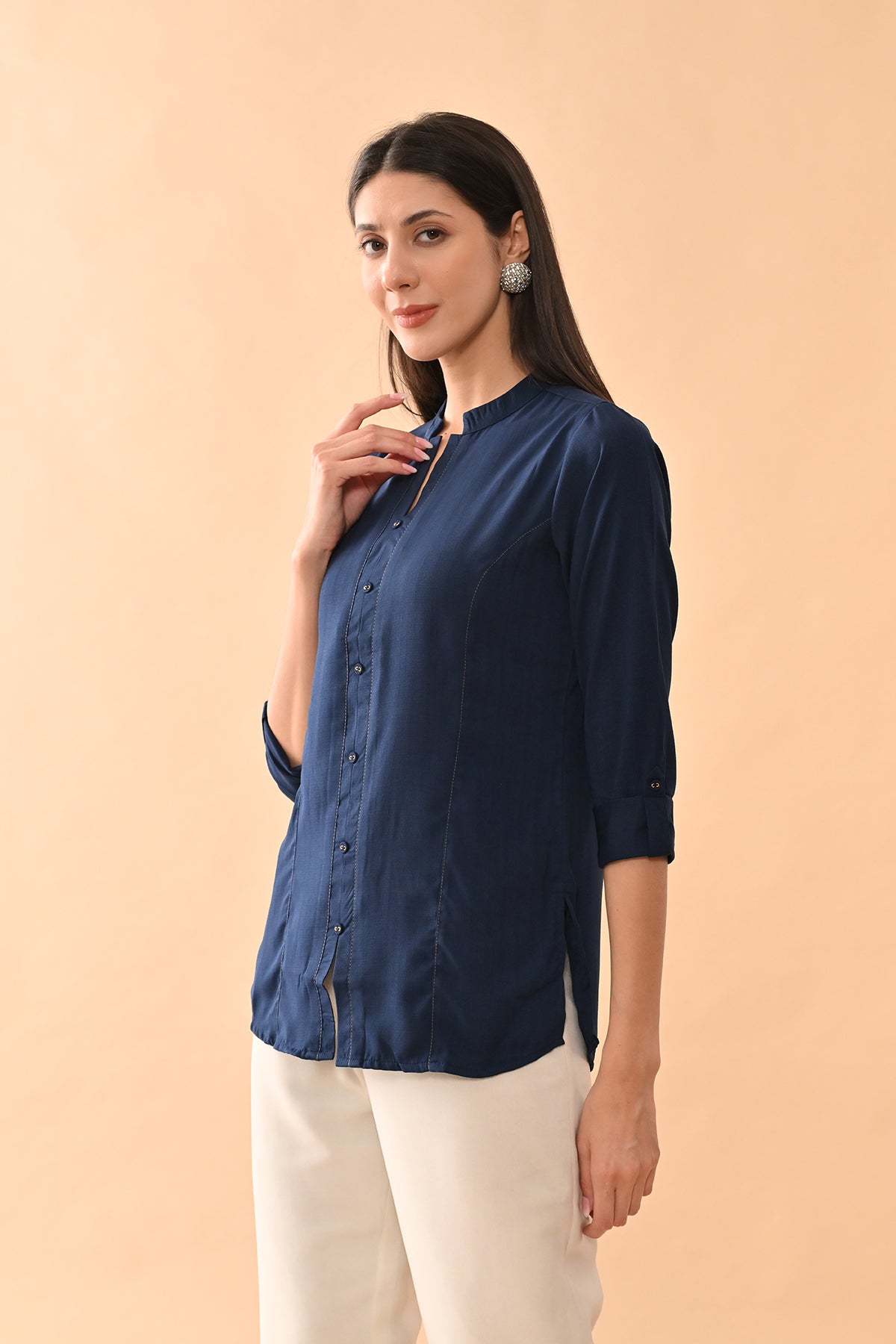 Blue Solid Straight Top