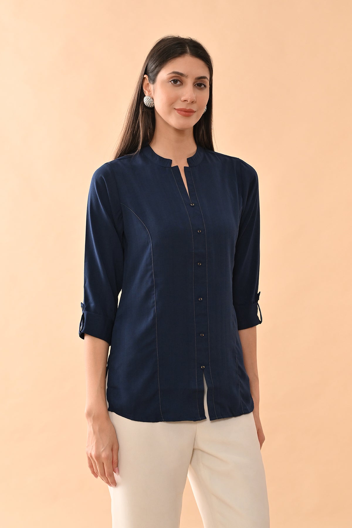 Blue Solid Straight Top