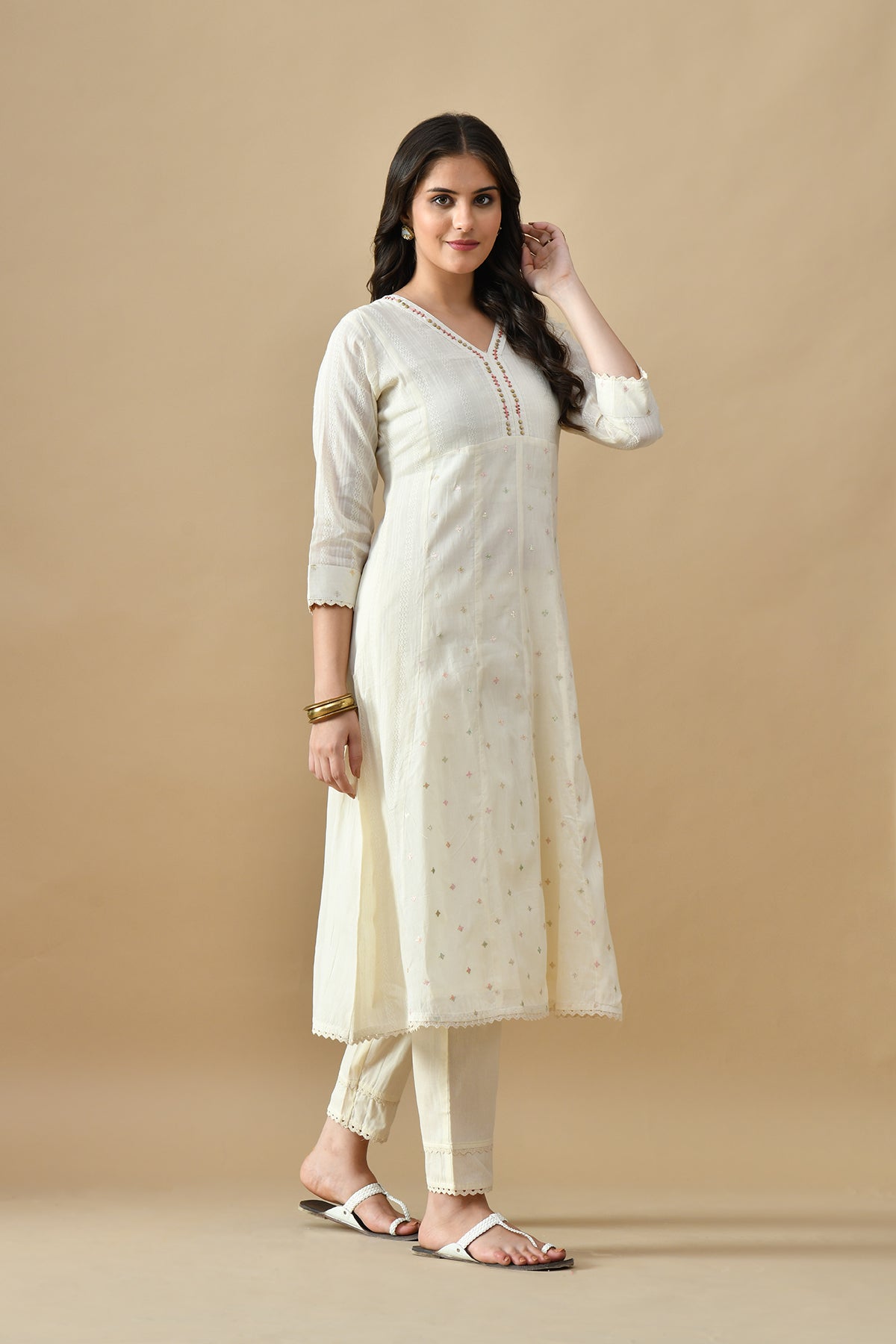 Cream Embroidered Kurta Set