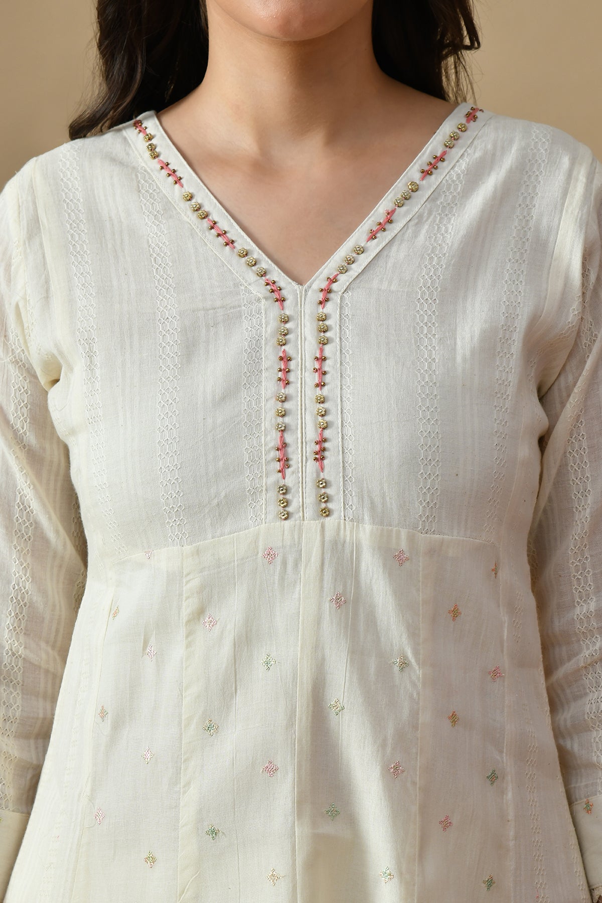 Cream Embroidered Kurta Set