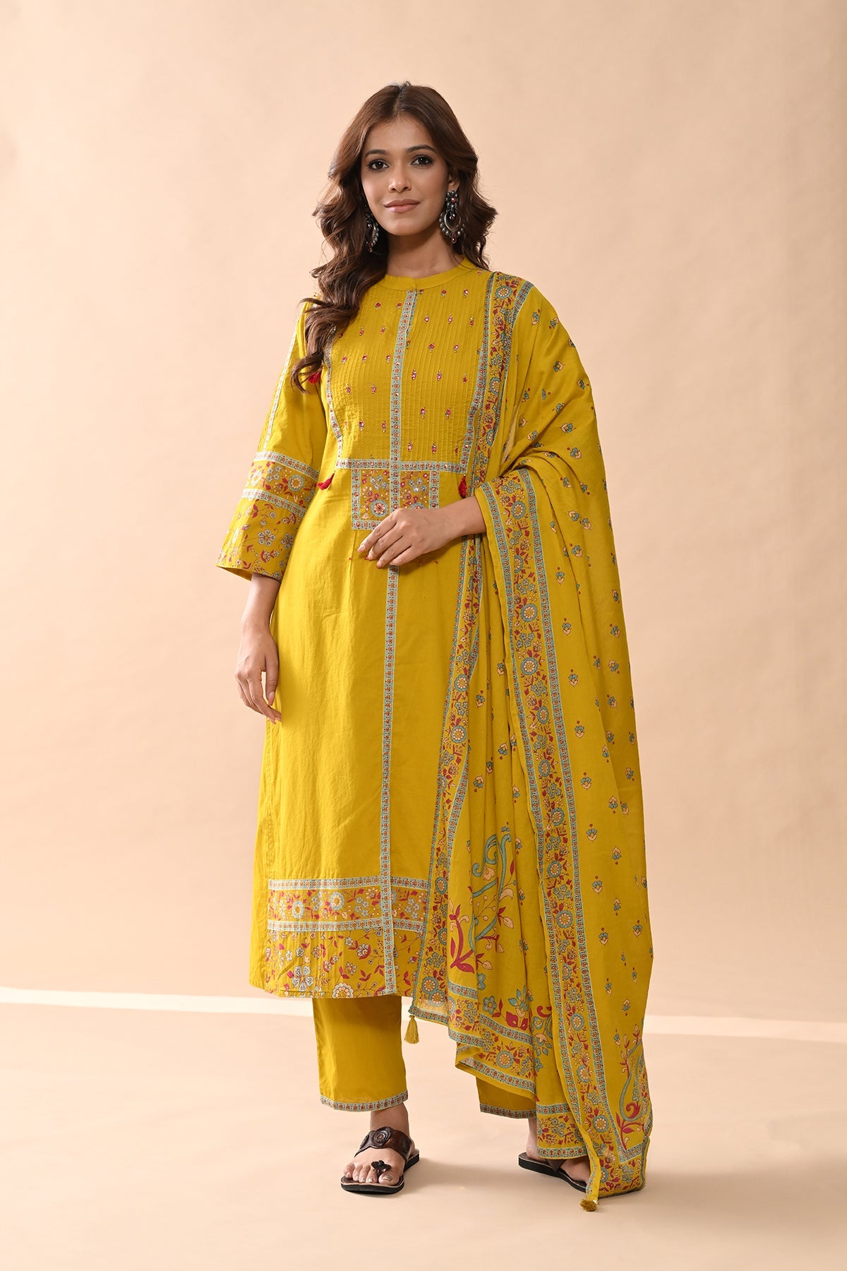 Mustard Printed Kurta 3 Pcs Set