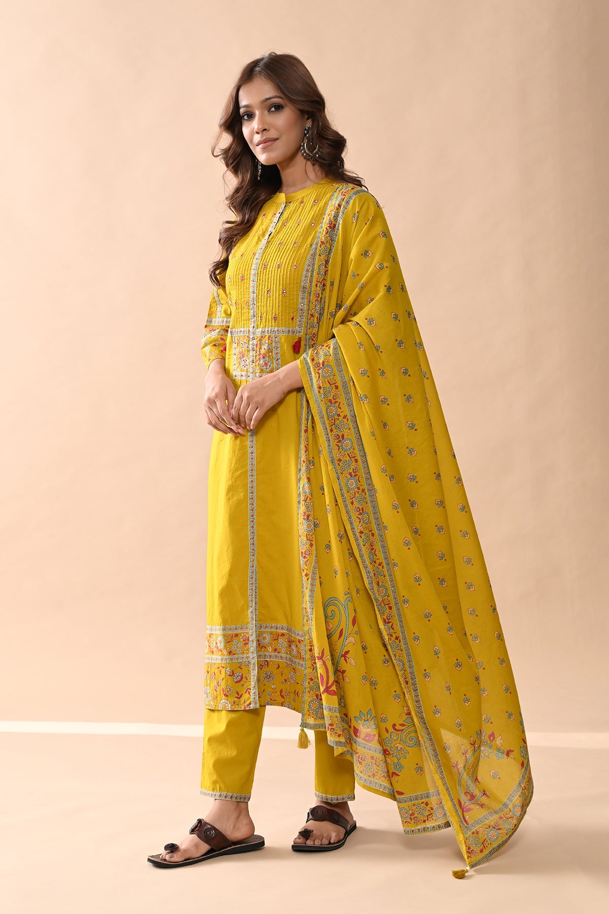 Mustard Printed Kurta 3 Pcs Set
