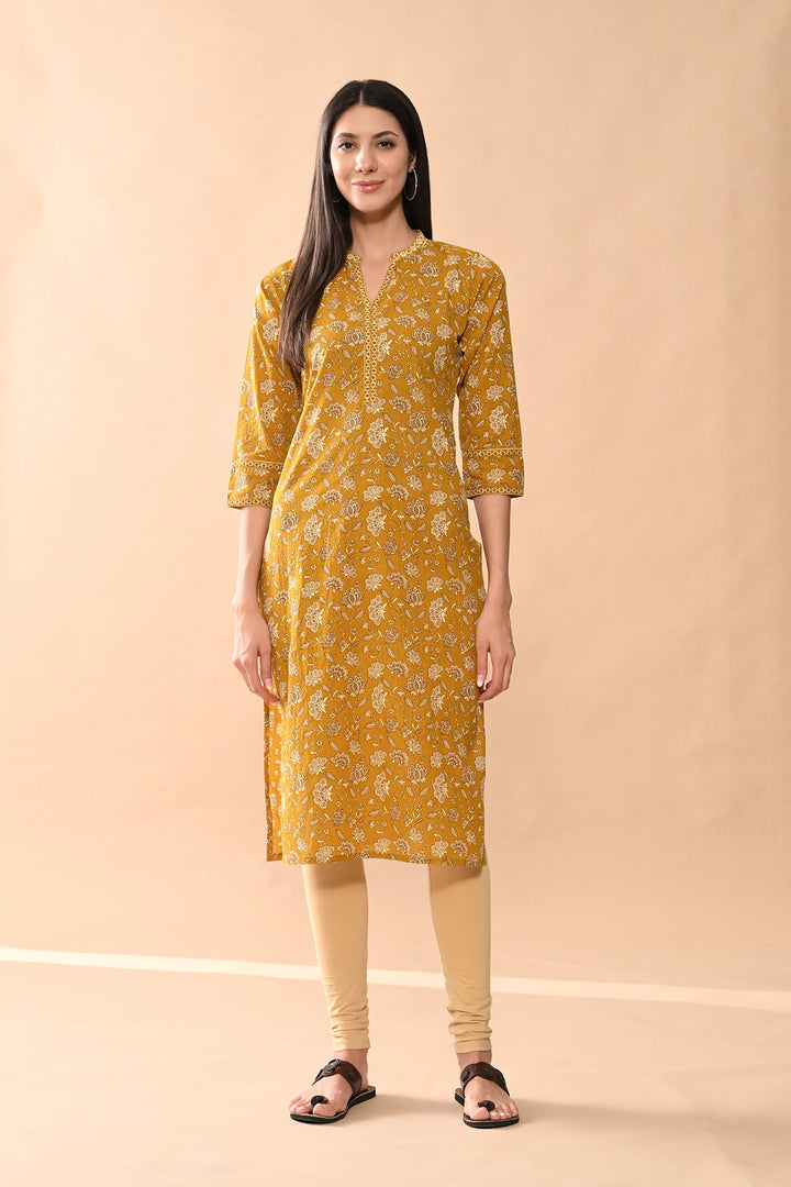 Mustard Floral Printed Kurta