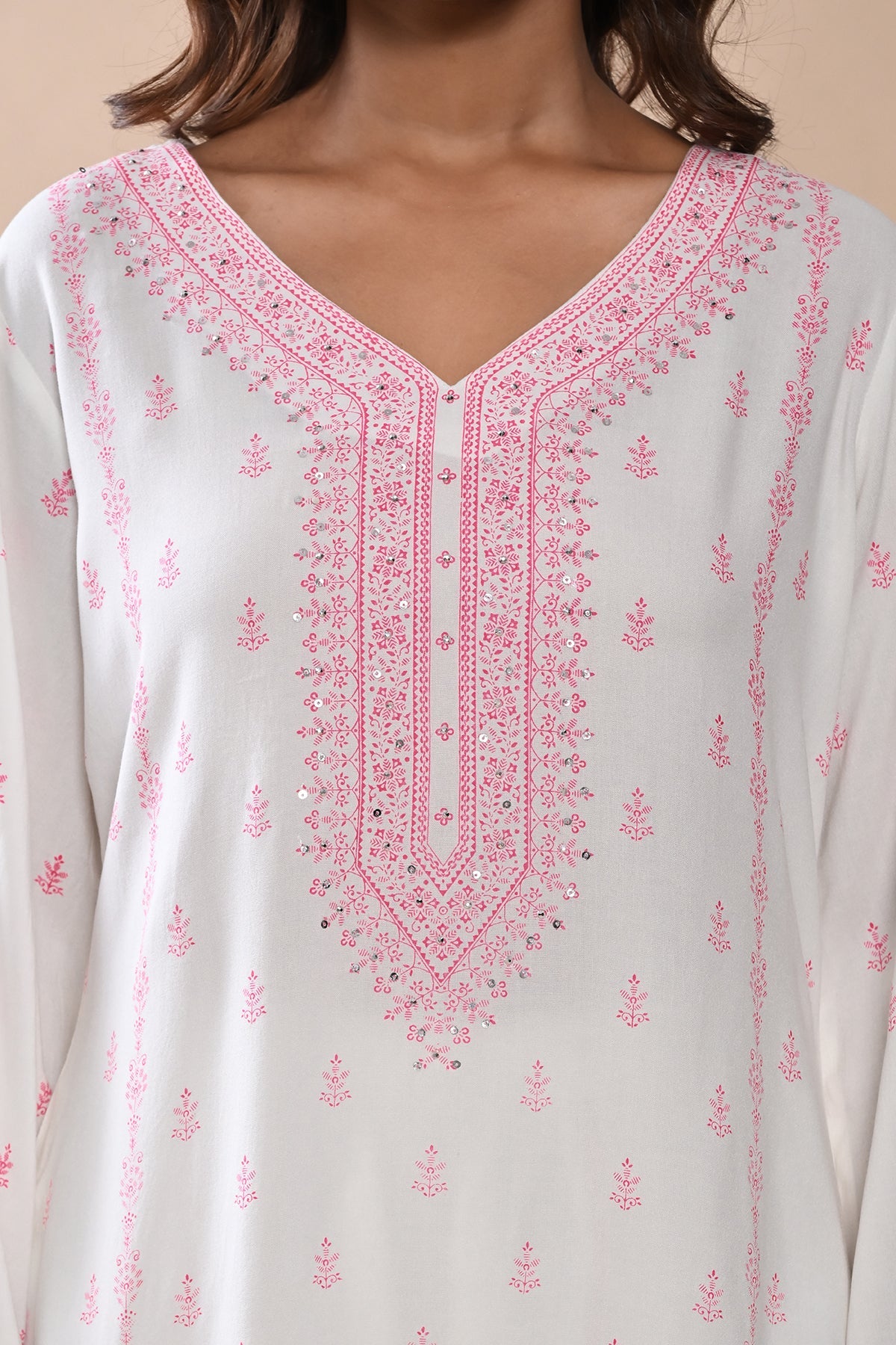 Cream A-line Kurta 2 Pcs Set