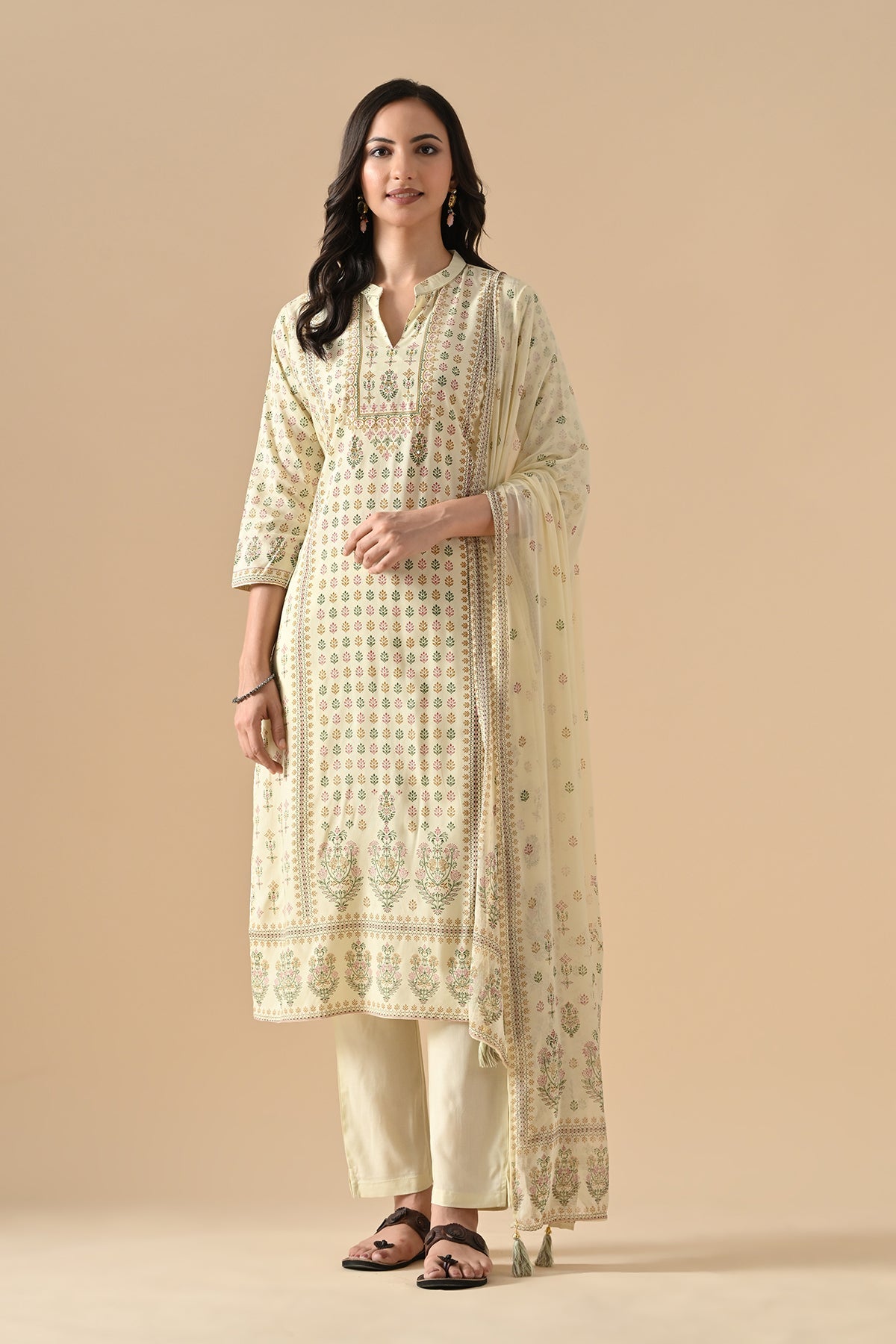 Cream Printed Kurta Set