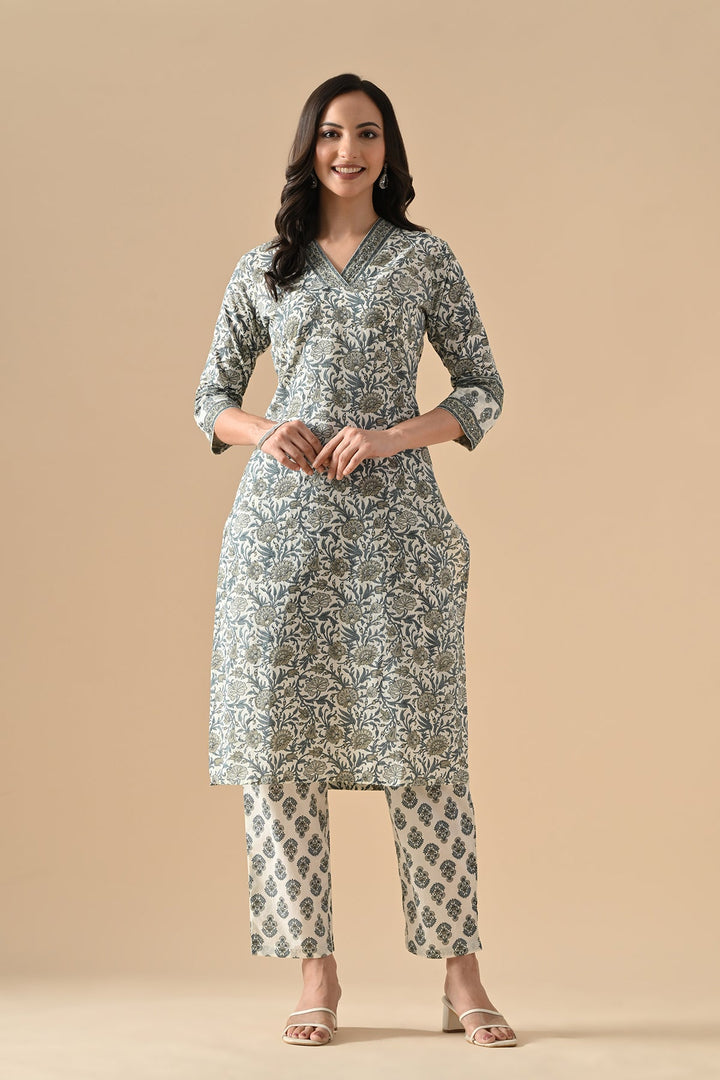 Cream Printed Kurta Set