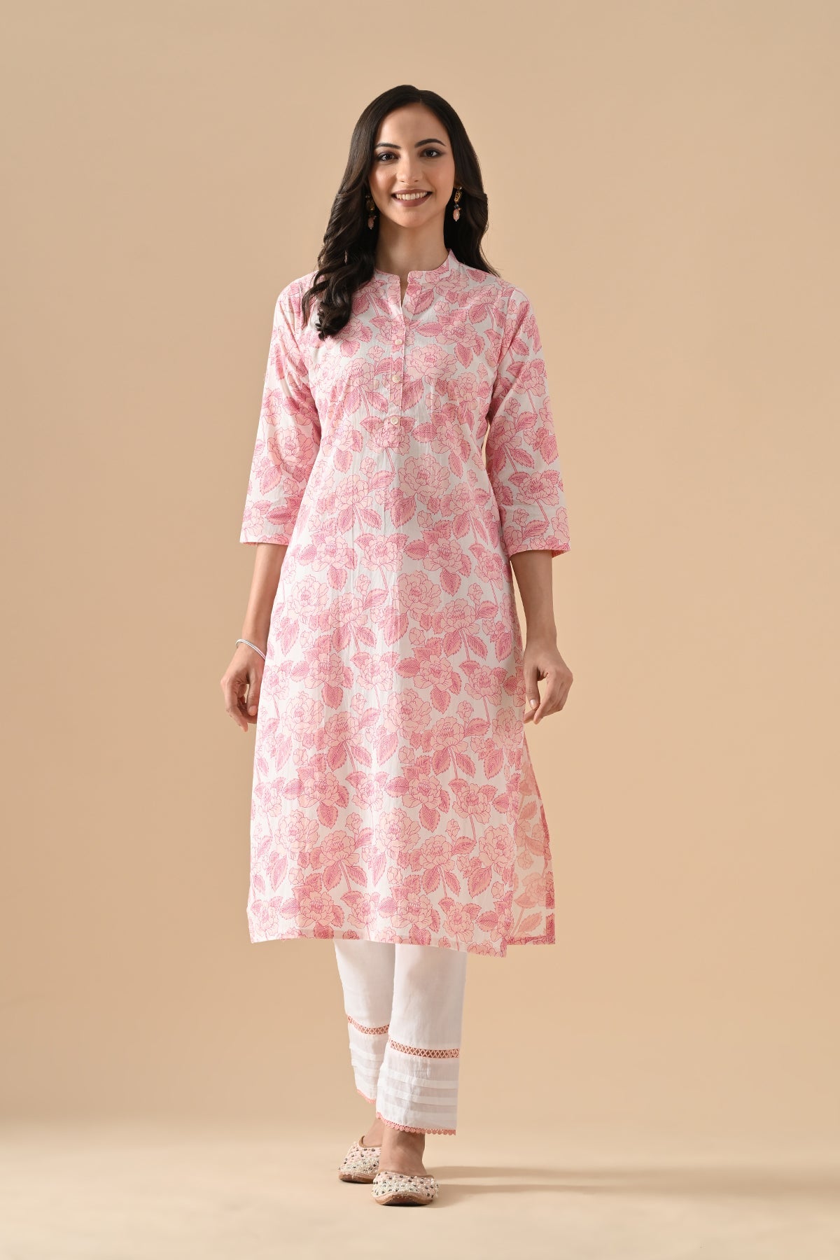 Cream Printed Straight Kurta