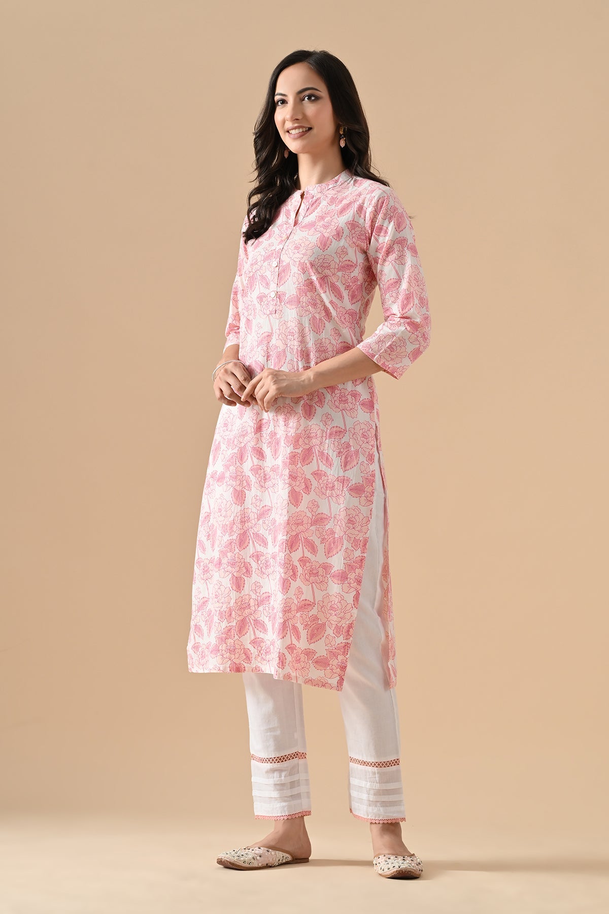 Cream Printed Straight Kurta