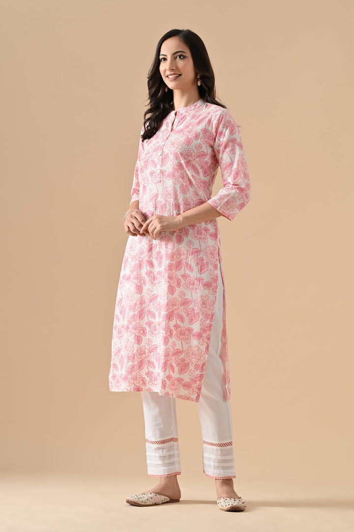 Cream Printed Straight Kurta