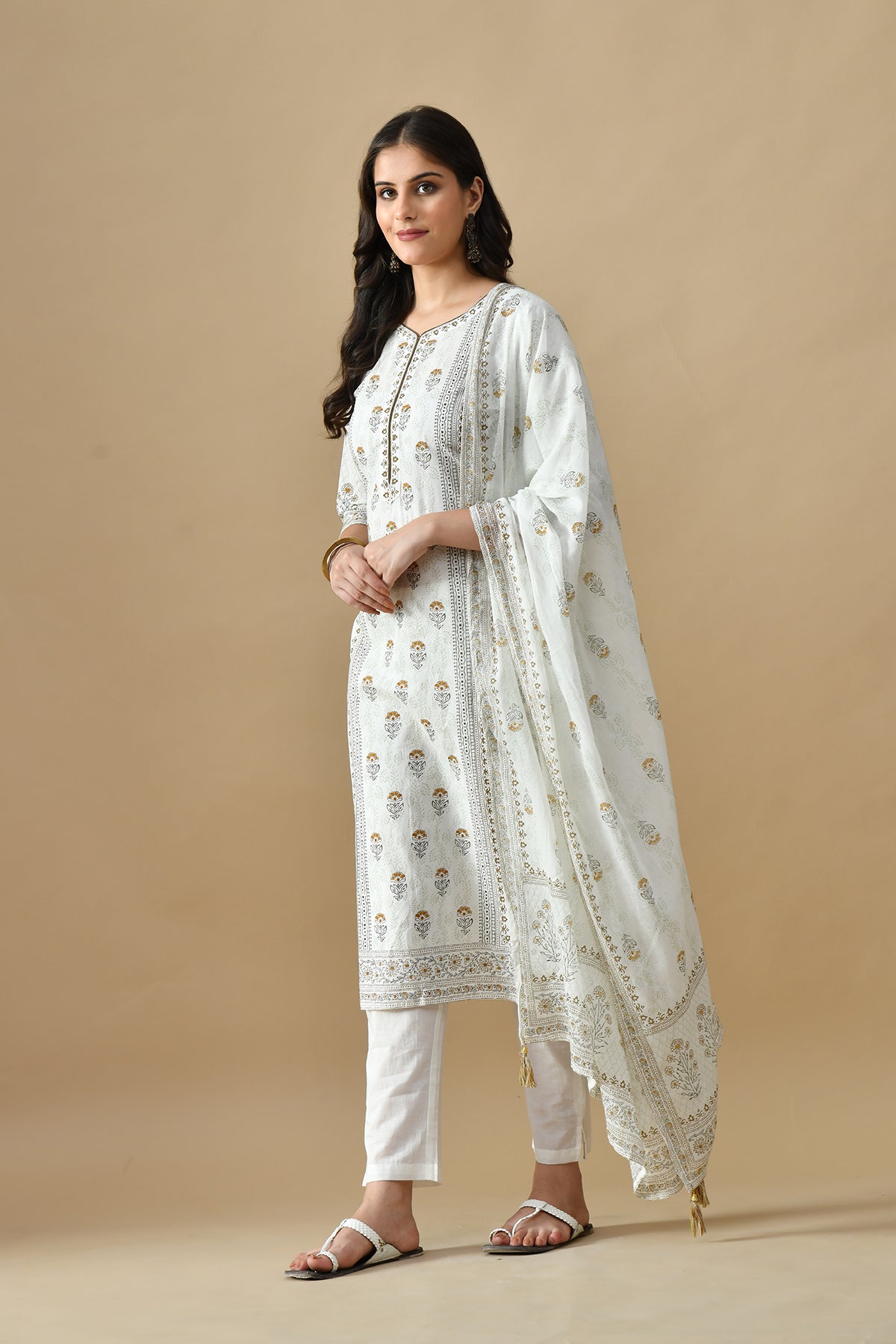 Cream Printed Kurta Set