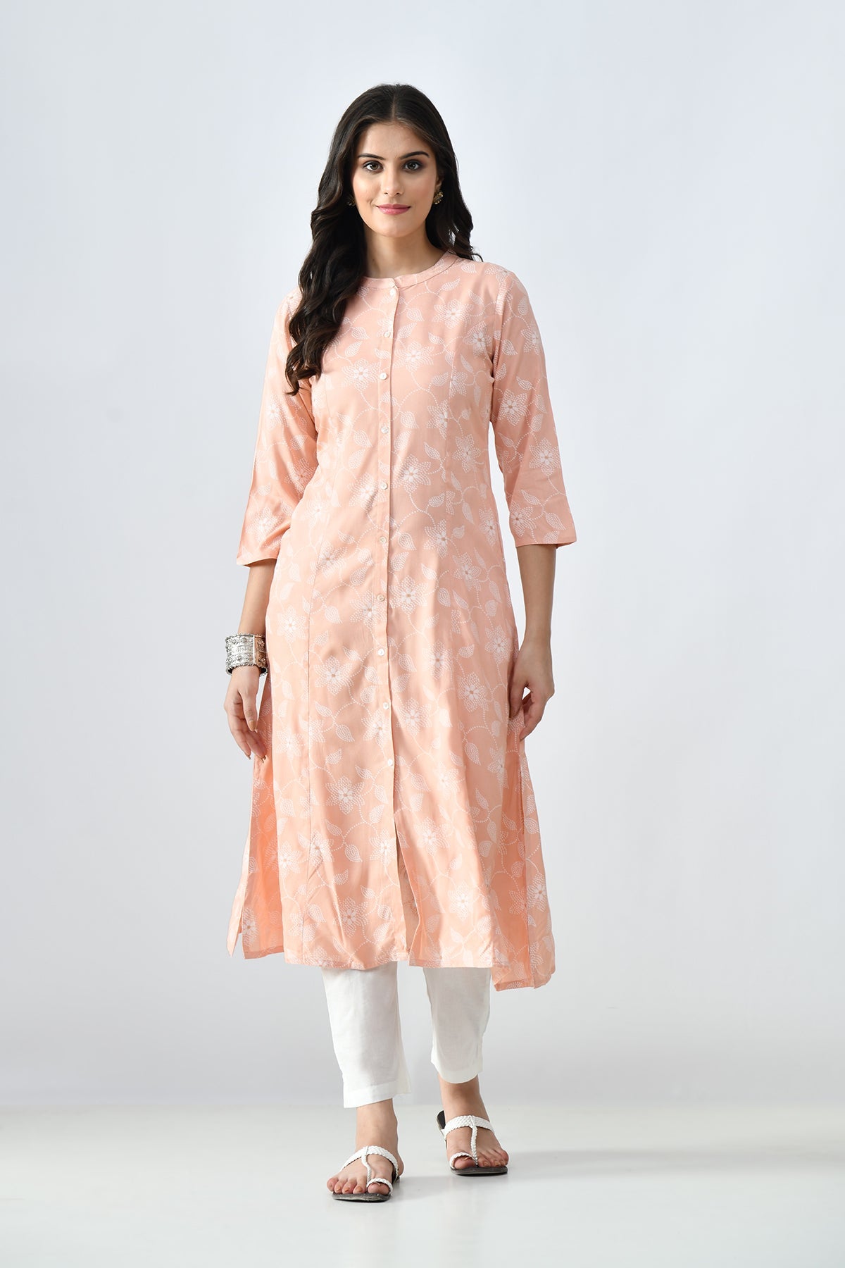 Peach Printed A-line Kurta
