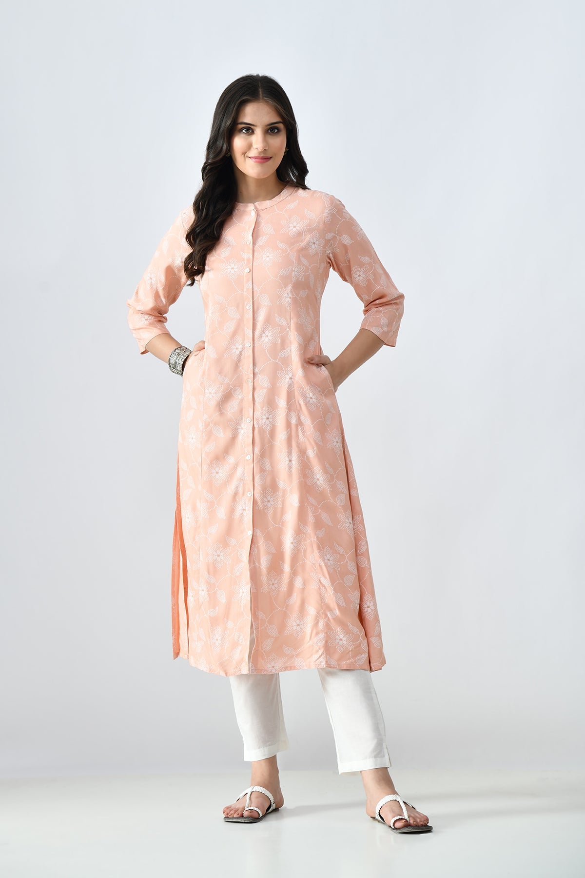 Peach Printed A-line Kurta